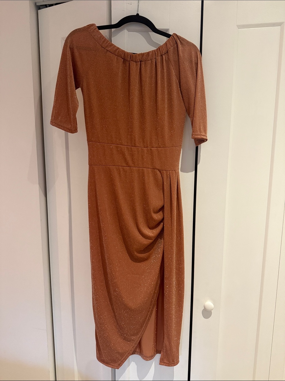 Rust Shimmery Midi Dress with Draped Front